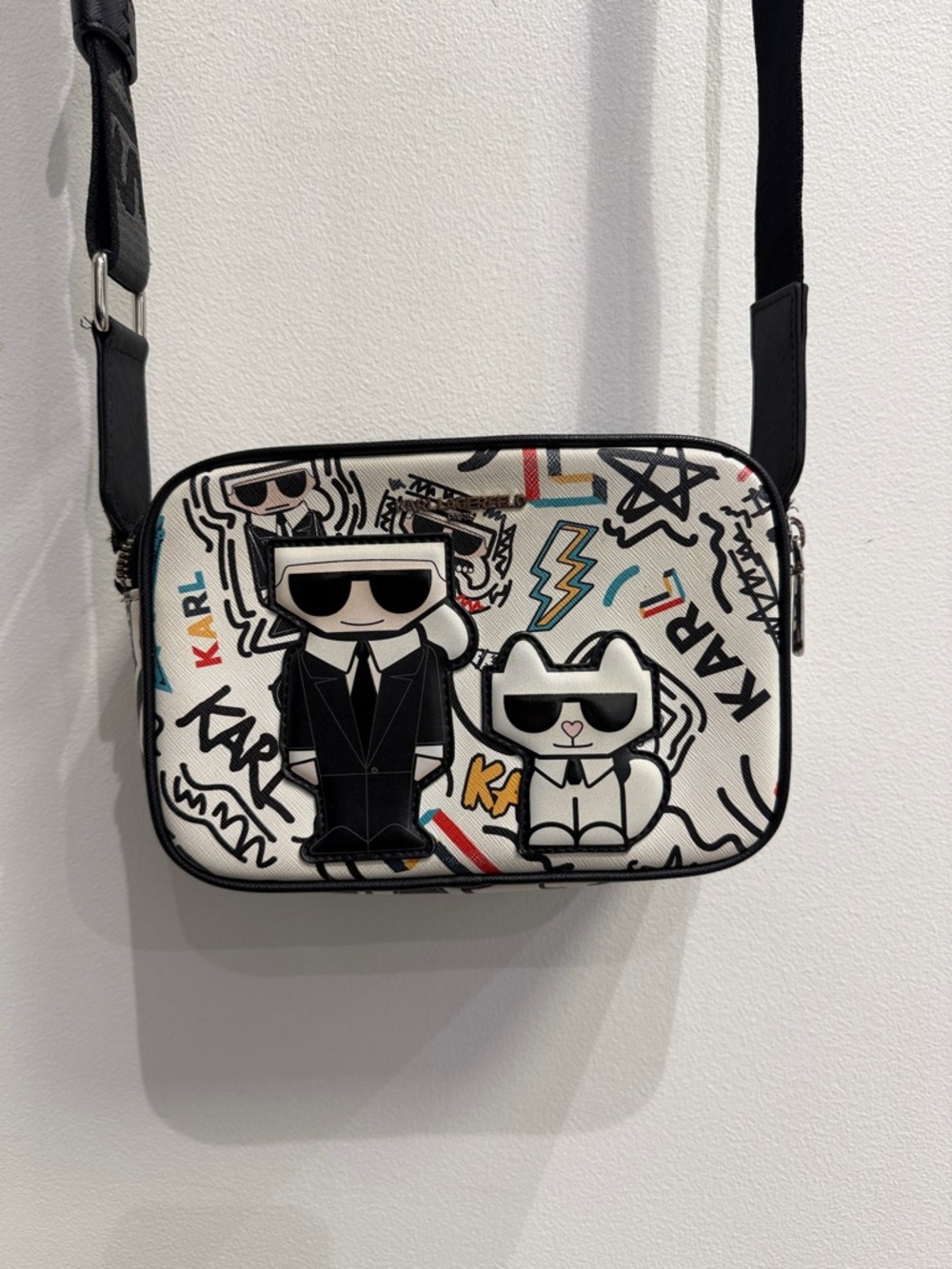Karl Lagerfeld White Graphic Messenger Bag with Black Trim